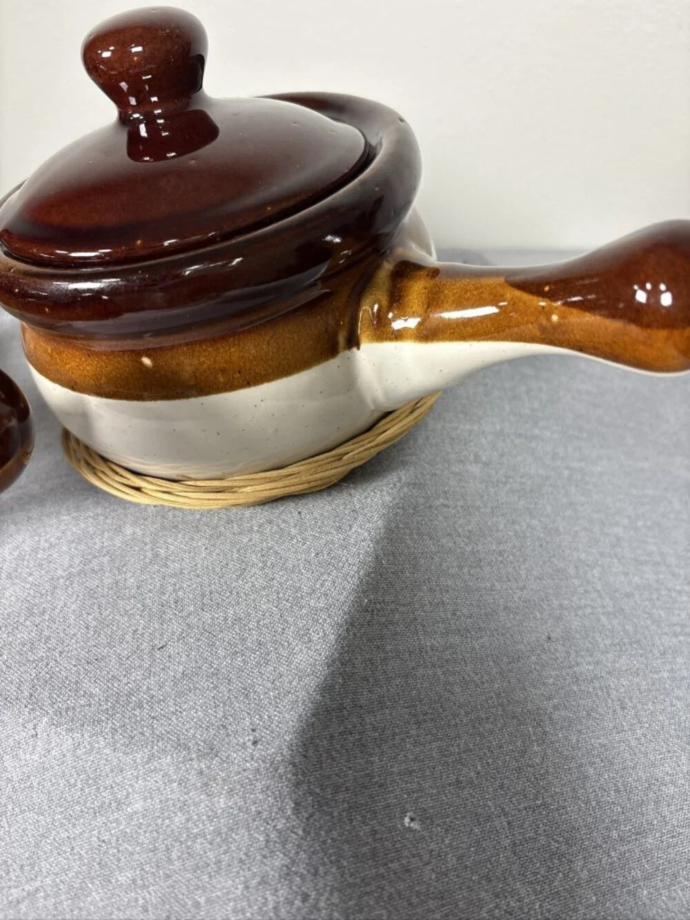 Vintage Set of 3 Stoneware French Onion Soup Crocks with Lids and Handles W/bask